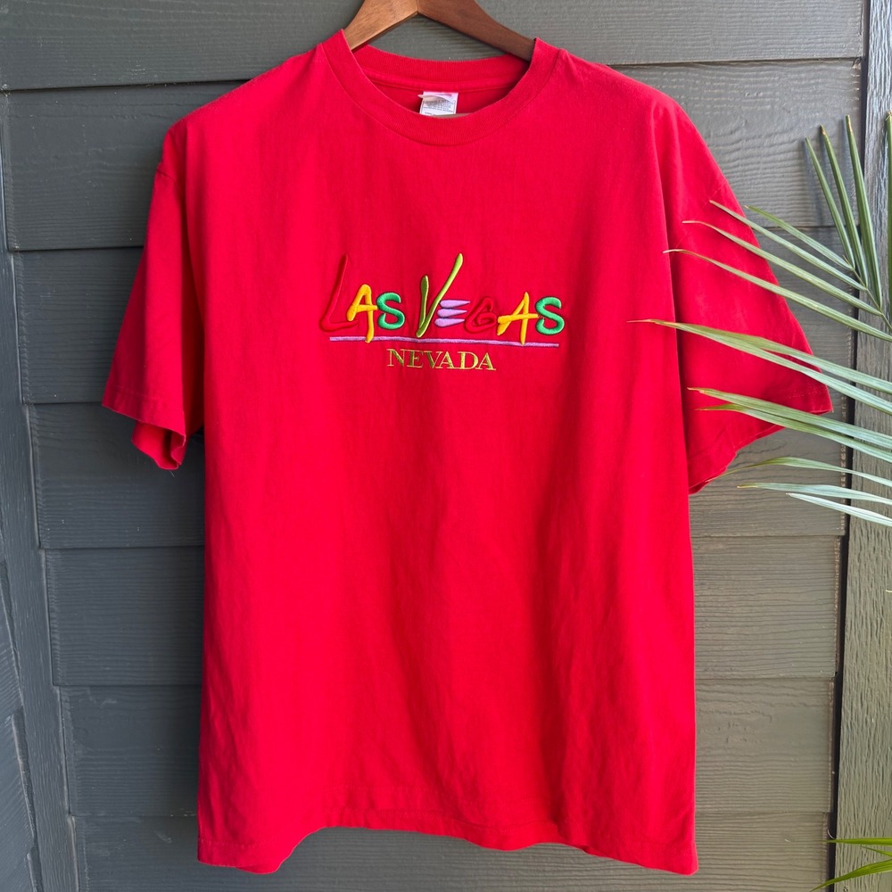 Vintage Las Vegas Nevada Embroidered Graphic Tourist T Shirt Red XL USA